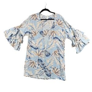 L Love Womens S Blue Floral Kimono Cardigan Ruffle Sleeve Boho‎ Lightweight
